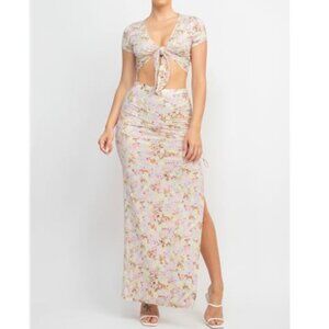 Front Knot Floral Top & Ruched Maxi Skirt Set